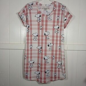 Munki Munki Peanuts Snoopy Plaid Nightgown Pink White Short Sleeve Sleep Dress S